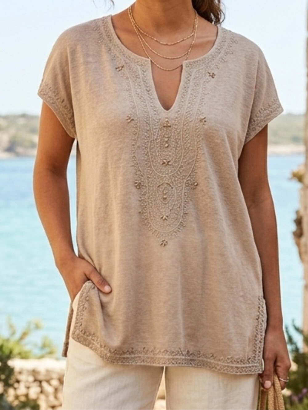 J Jill Love Linen Embroidered V-Neck Tee in Dusty Taupe  Tunic Top Sz M